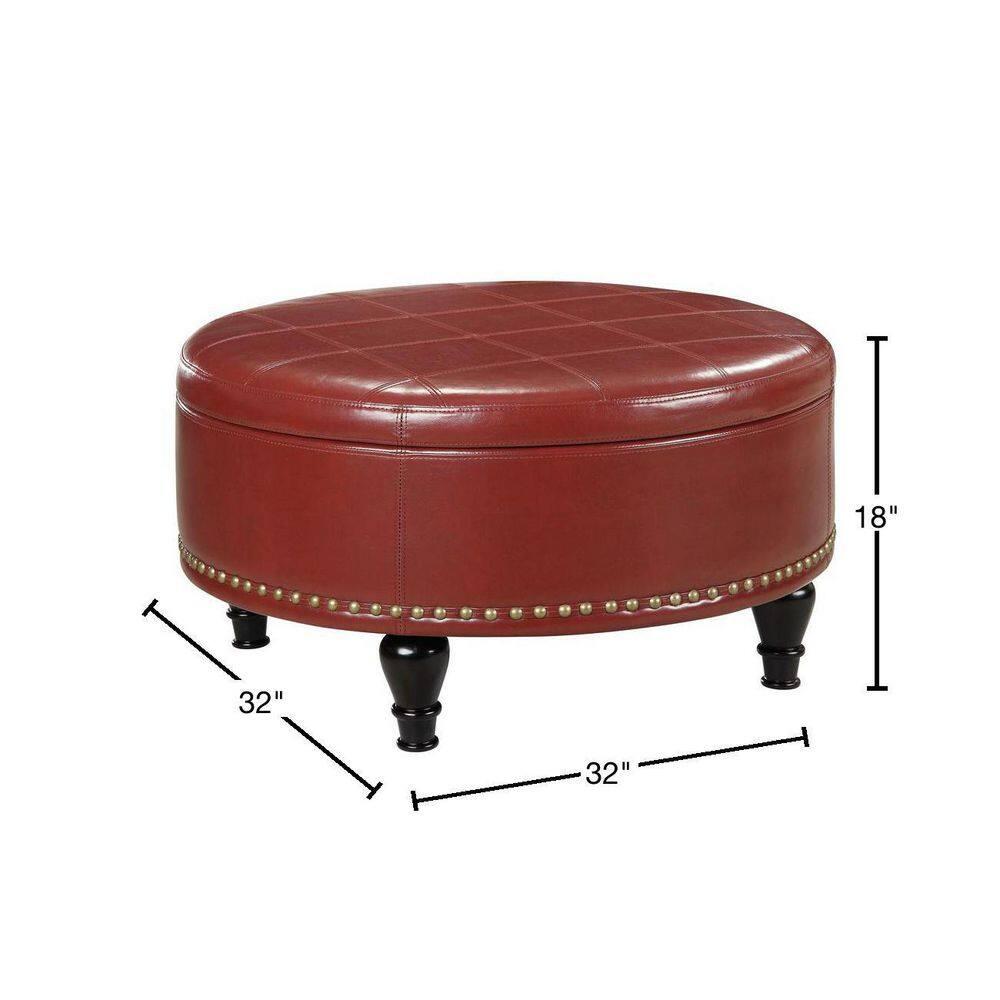 OSP Home Furnishings Augusta Round Storage Ottoman in Crimson Red Bonded Leather with Decorative Nailheads