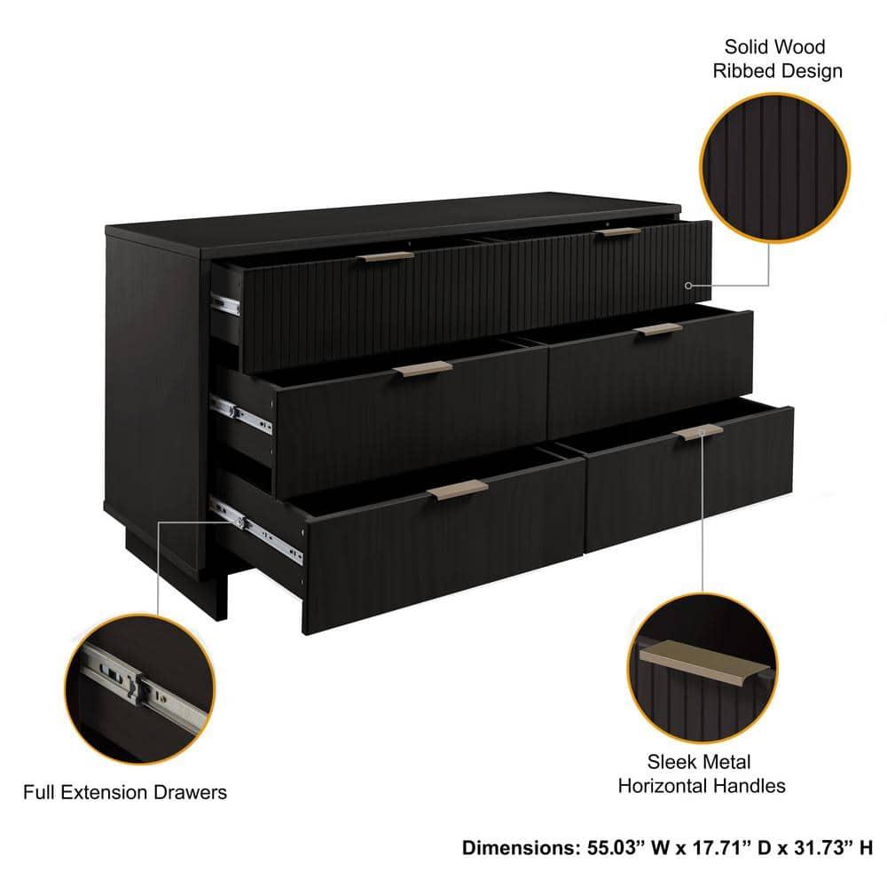 Granville Modern 6 Drawer Double Wide Dresser Black - Manhattan Comfort: Bedroom Storage, Soft Close