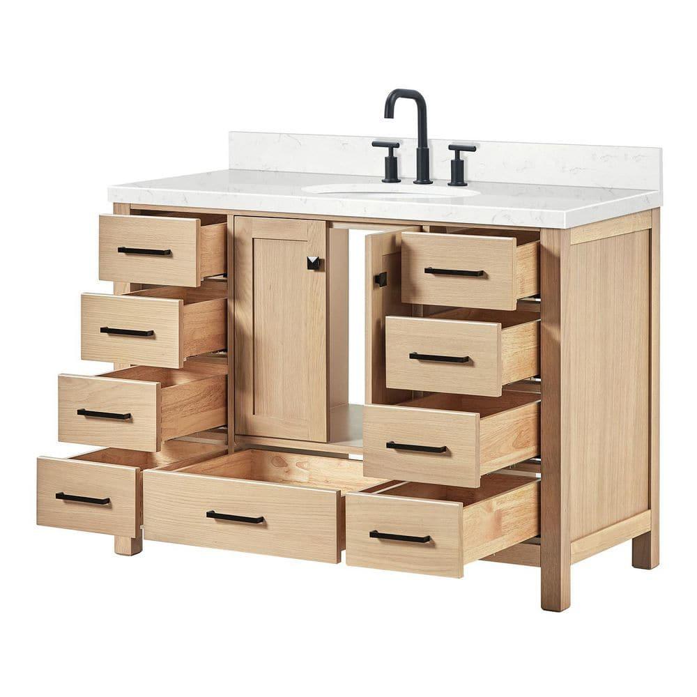 ARIEL Cambridge 48 Inch Single Oval Sink Bathroom Vanity With Carrara White Quartz Countertop 1.5 Inch Edge In Oak