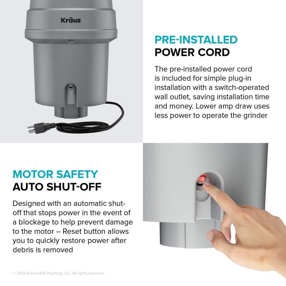Kraus KRAUS Wasteguard High-Speed 1 HP Continuous Feed Ultra-Quiet Motor Garbage Disposal With Power Cord And Flange Included And Universal Mount, KWD200-100MGR