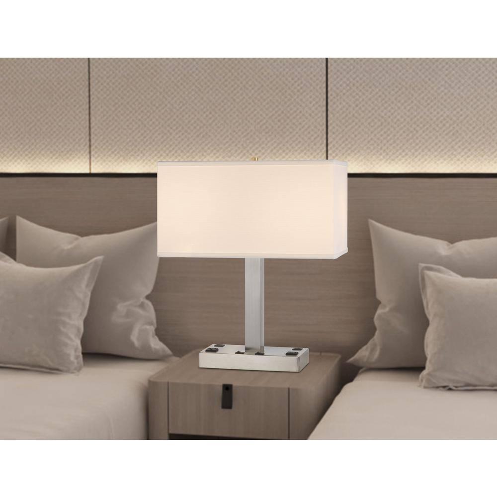 21 in. Nickel Metal Two Light Desk USB Table Lamp with White Rectangle Shade