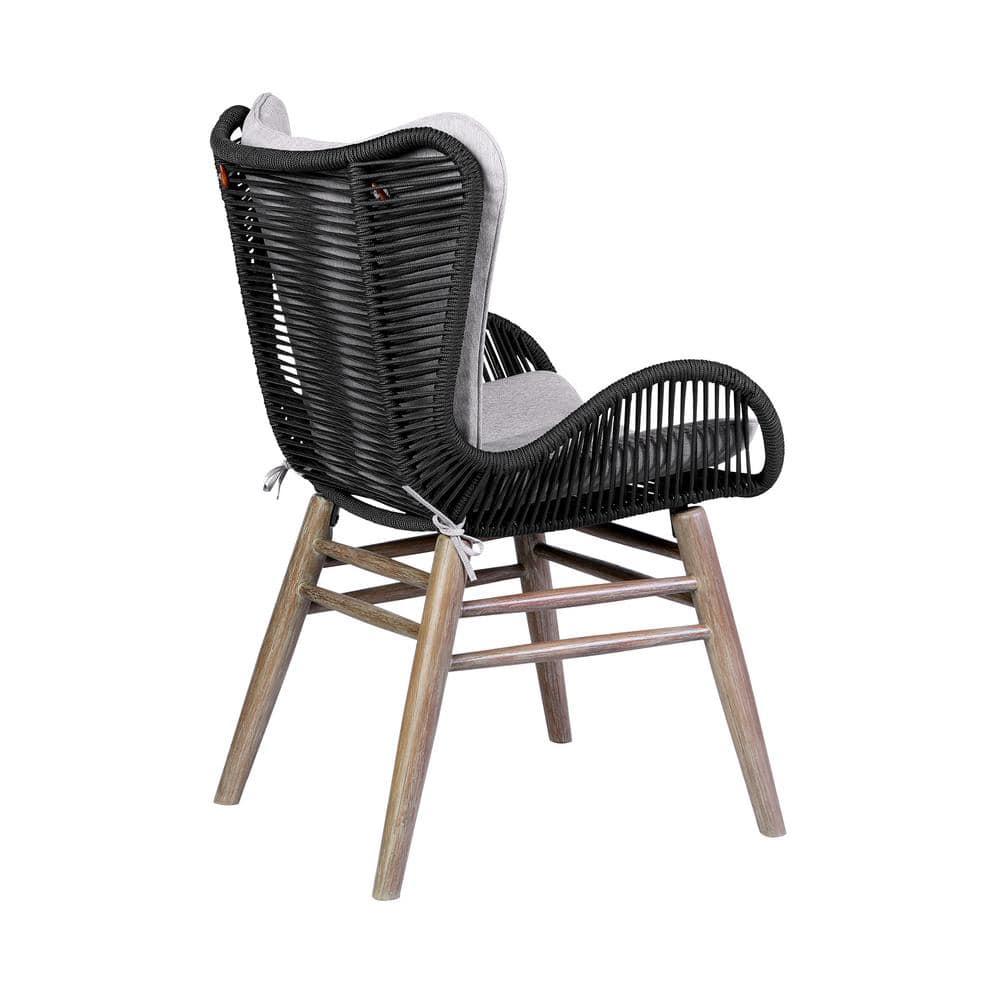 Armen Living Sydney and Armen Living Fanny 5 Piece Outdoor Patio Dining Set in Light Eucalyptus Wood with Charcoal Rope and Grey Cushions