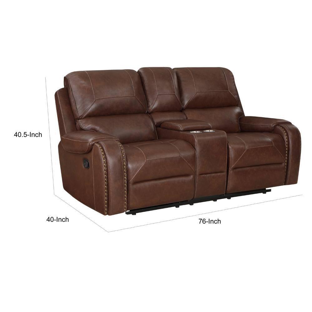 Benjara  76 in. Dean Dual Manual Recliner Loveseat, Cupholders, Brown Faux Leather