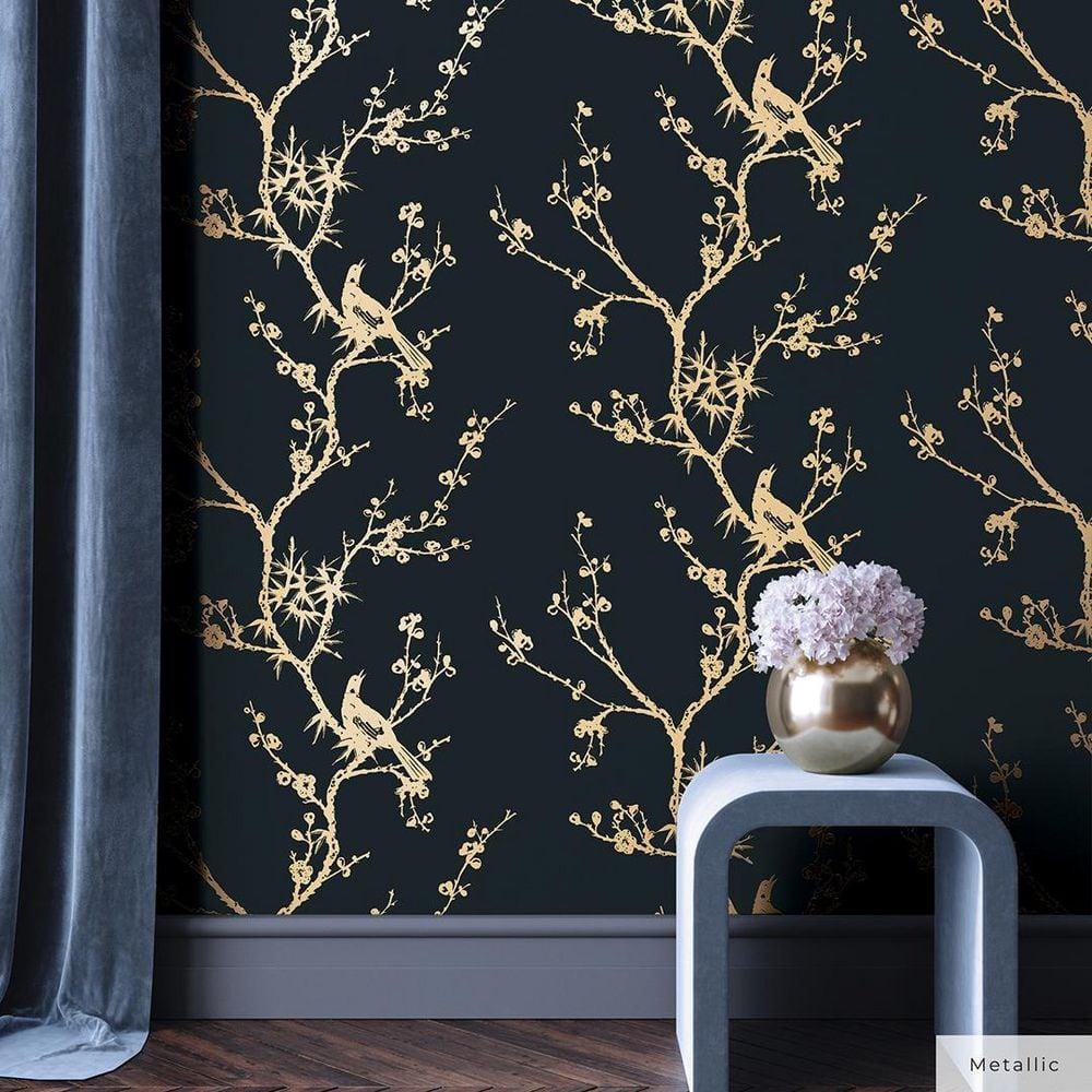 Tempaper & Co.® x Cynthia Rowley Bird Watching Removable Peel and Stick Wallpaper, Black and Gold, 56 sq ft: Vinyl, Self-Adhesive
