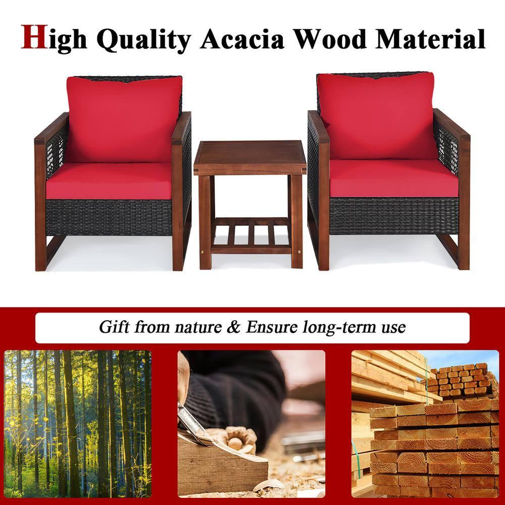 Costway 3PCS Patio Wicker Furniture Set Solid Wood Frame Cushion Sofa w/ Square Table Shelf Red