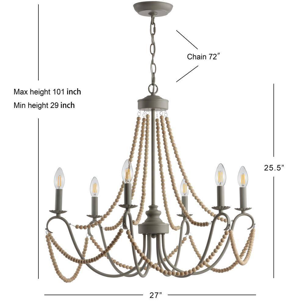 Rustica 6-Light 27" Adjustable Greige Metal/Wood Bead LED Chandelier, Grey/Natural