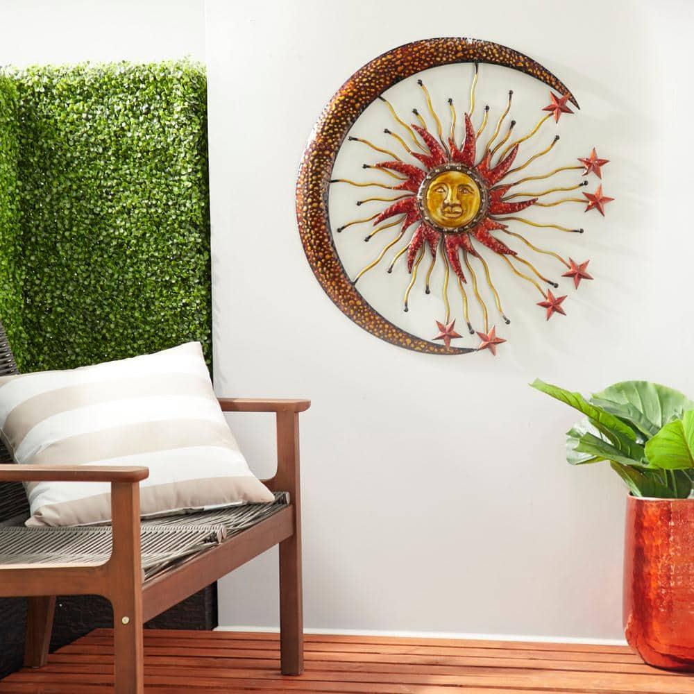 DecMode Copper Metal Indoor Outdoor Sun and Moon Wall Decor with Stars