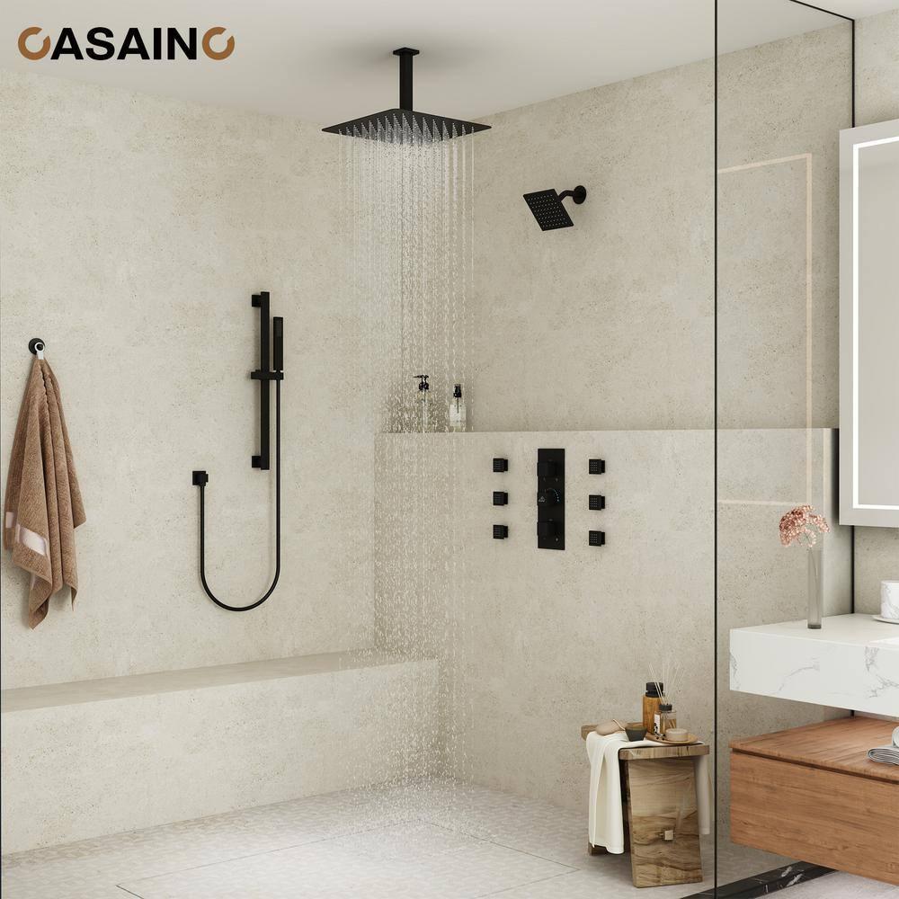 CASAINC Rainfall Symphony 16inch Dual Shower Head Rainfall Thermostatic Shower System with 16-inch Slide Bar and Body spray KCHS0019-16MB