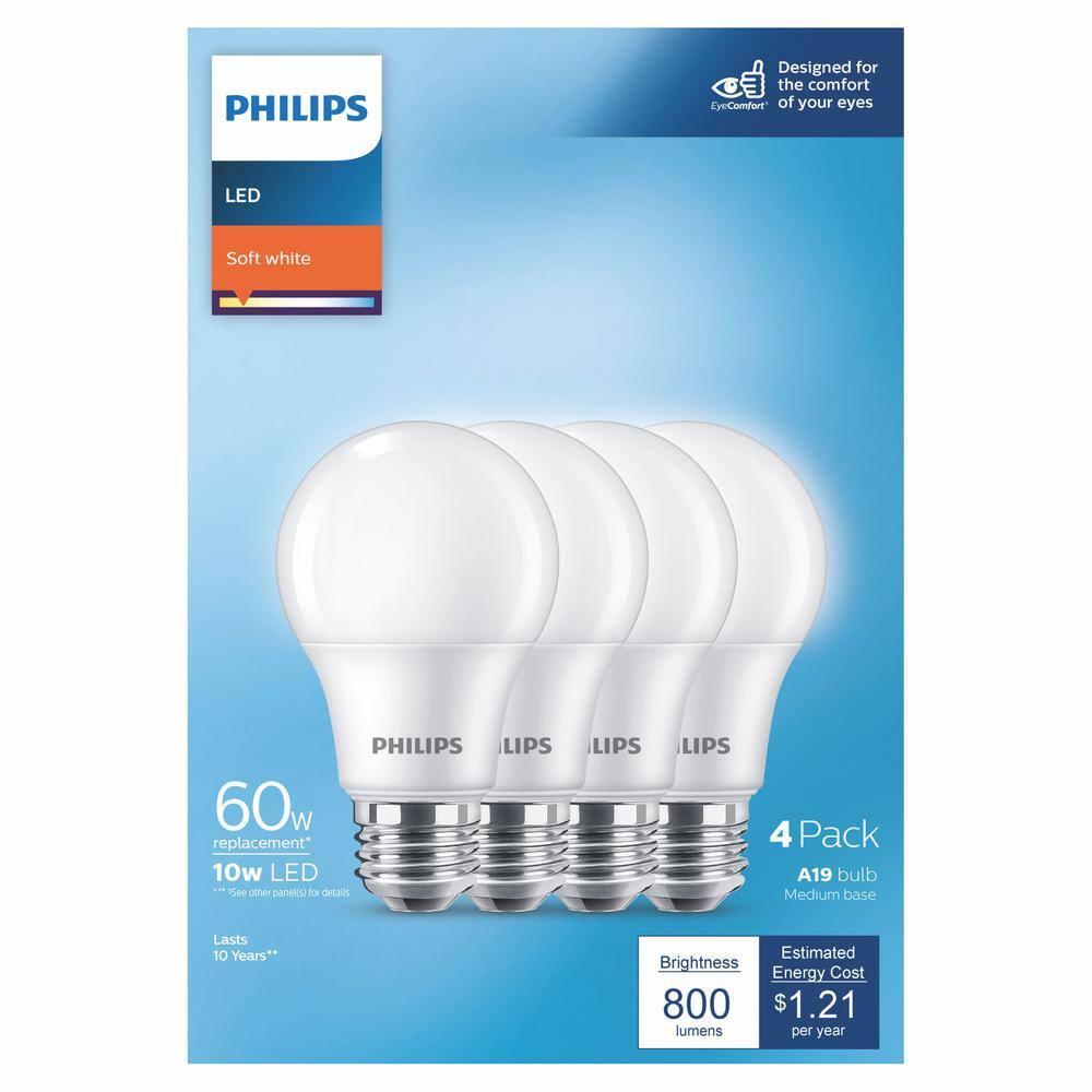 Philips LED 60-Watt A19 General Purpose Household Light Bulb, Frosted Soft White, Non-Dimmable, E26 Medium Base (4-Pack)