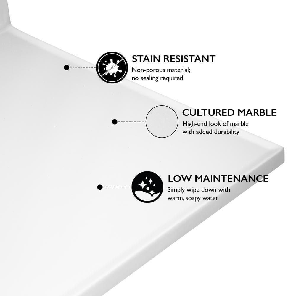 61 Inch Cultured Marble Vanity Top with Backsplash, Improved Package, White