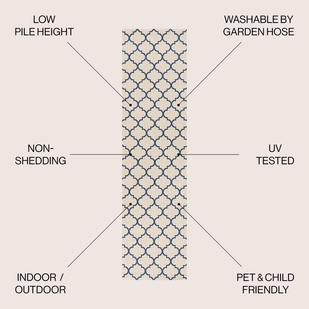 Arabesque Ogee Trellis Beige/Navy 2 ft. x 8 ft. Indoor/Outdoor Runner Rug