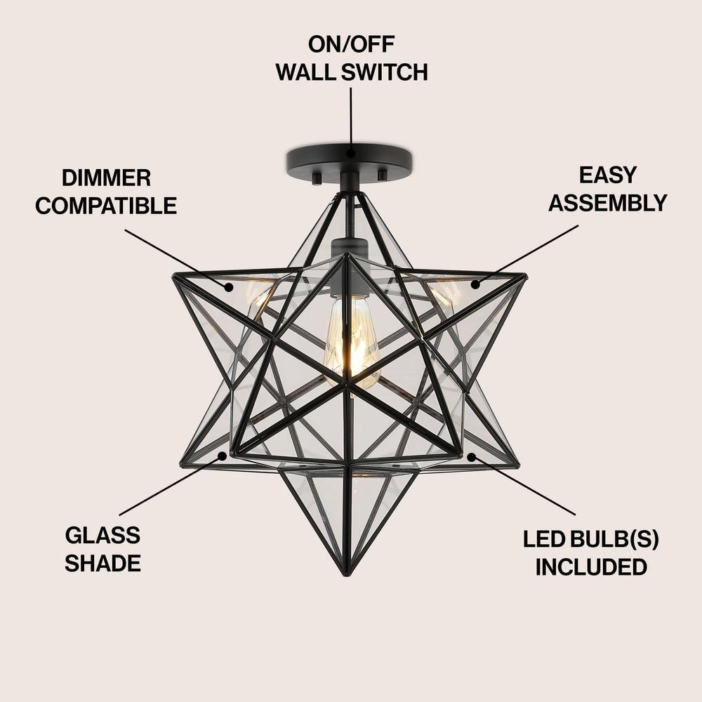 Ava 14.5" 1-Light Farmhouse Bohemian Iron/Glass LED Semi Flush Mount, Black/Clear