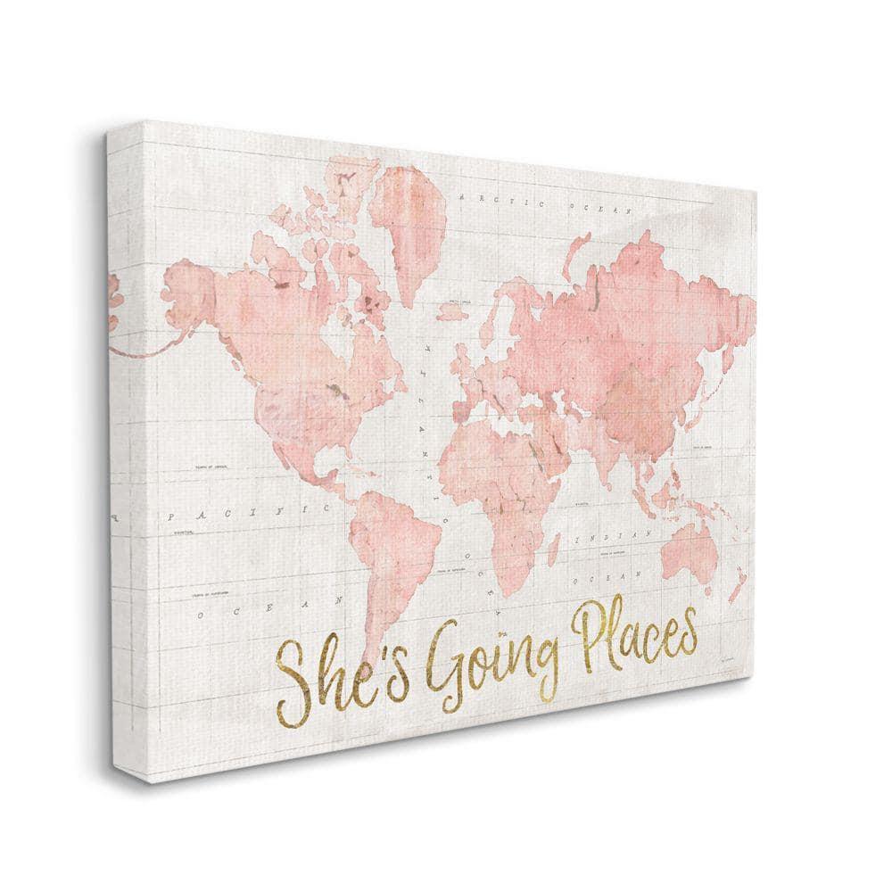 Stupell Industries She's Going Places Quote Pink Watercolor World Map by Sue Schlabach - Print