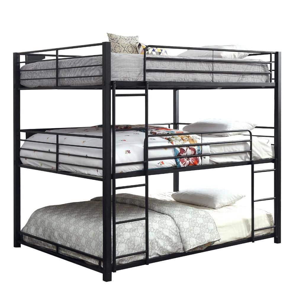 Benjara Industrial Style Queen Triple Decker Bunk Bed with Ladder, Black