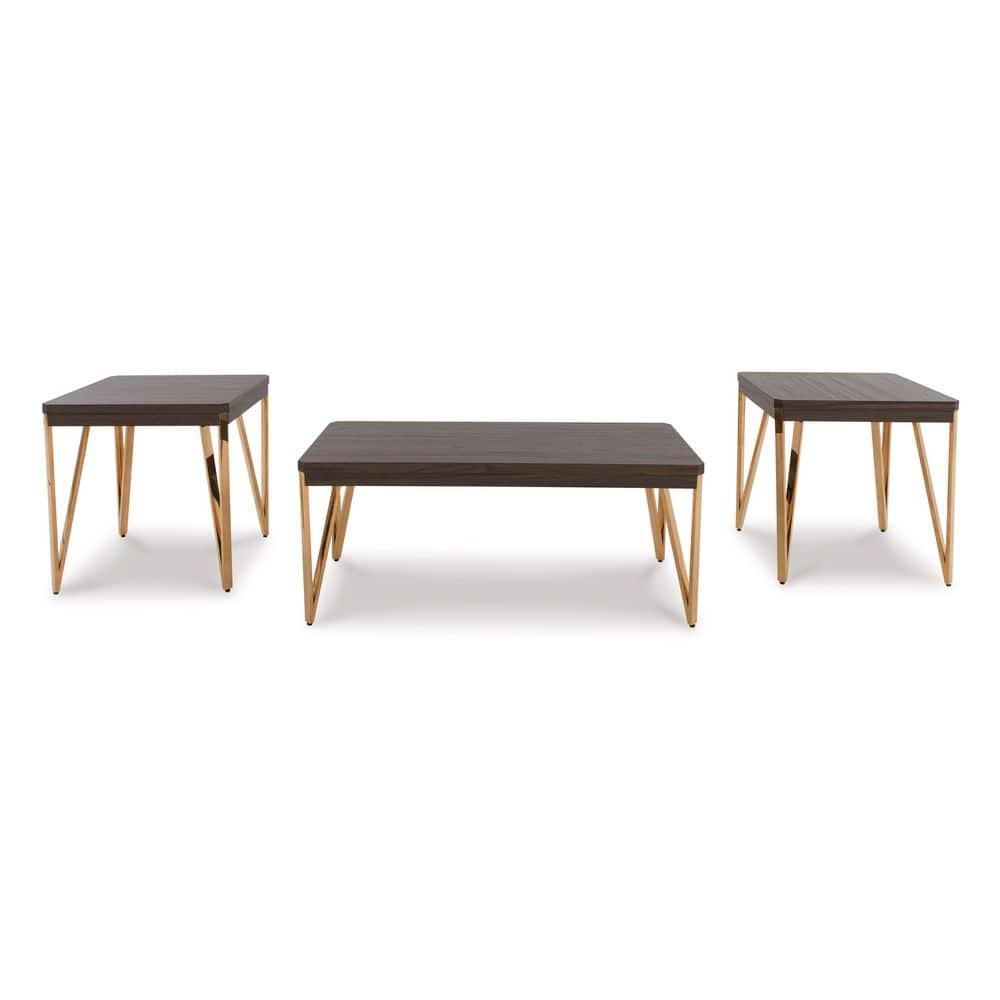 Signature Design by Ashley Bandyn Contemporary Occasional Table Set with Steel Legs, Set of 3, Dark Brown & Metallic