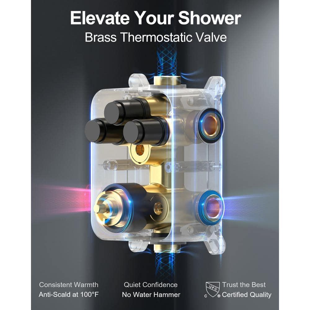 GRANDJOY Dual Wall Mount Rainfall Shower Head System Luxury Adjustable 12 inch & 6 inch Shower Faucet Set with Handheld Shower Spray Thermostatic Pressure Balance Value, Matte Black