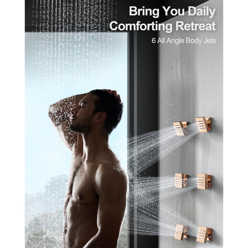 GRANDJOY RGB LED 5-Spray Shower System Ceiling Mount 12 in. Fixed and Handheld Shower Head Shower Faucet Set Thermostatic Valve Kit Rose Gold