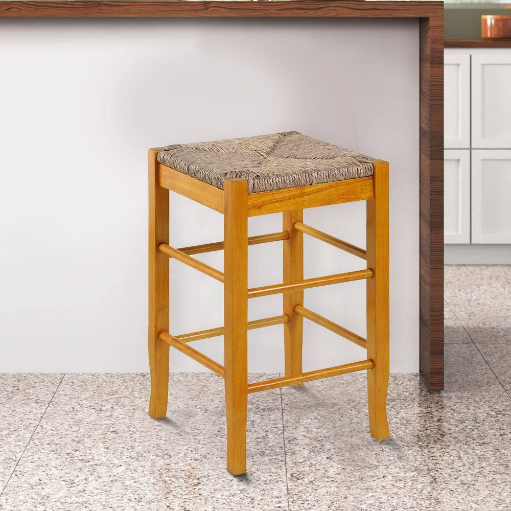 24" Rush Seat Counter Height Barstool Oak - Boraam: Hardwood Frame, Handwoven Seat, Floor Glides