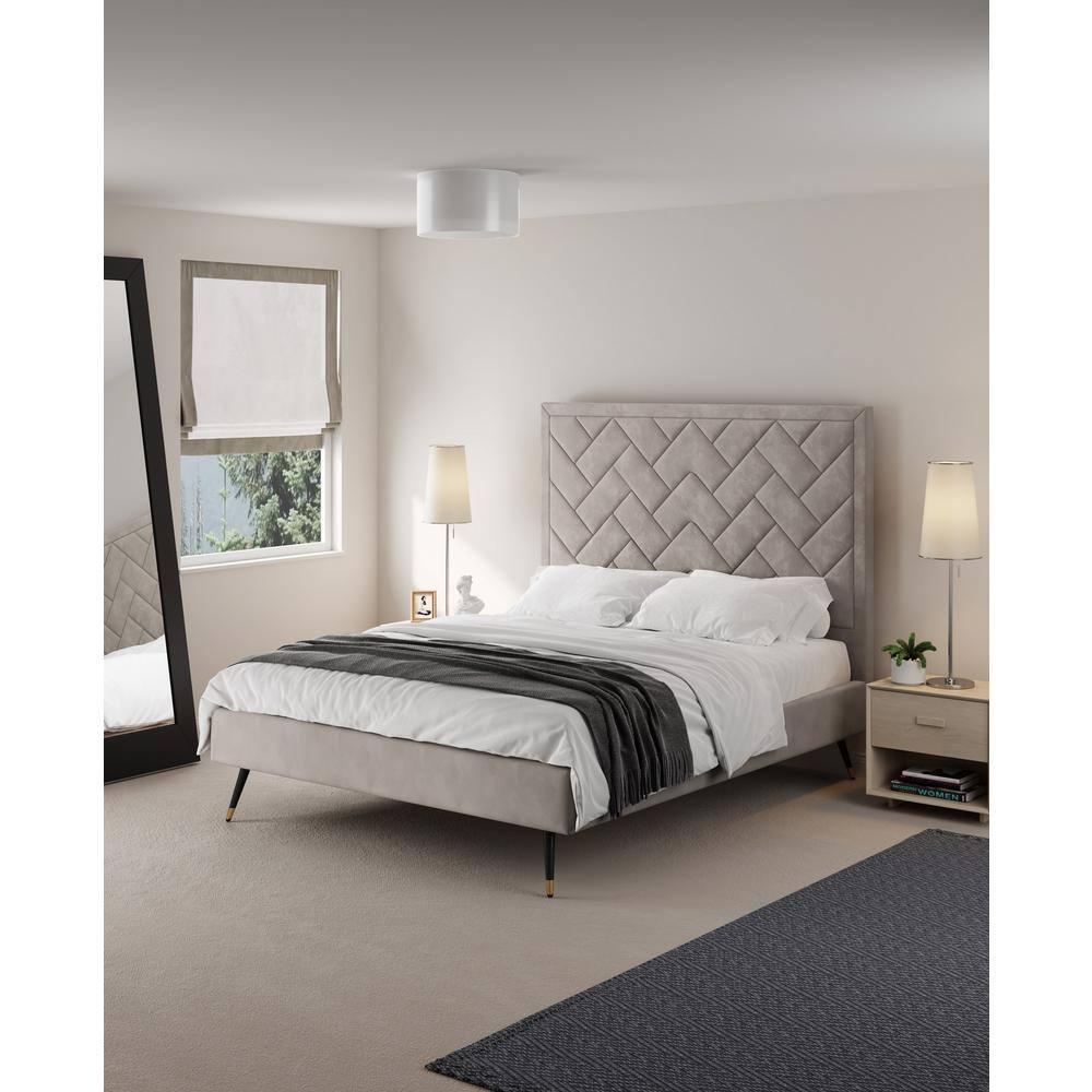 Manhattan Comfort Queen Crosby Modern Velvet Upholstered Bed Greige