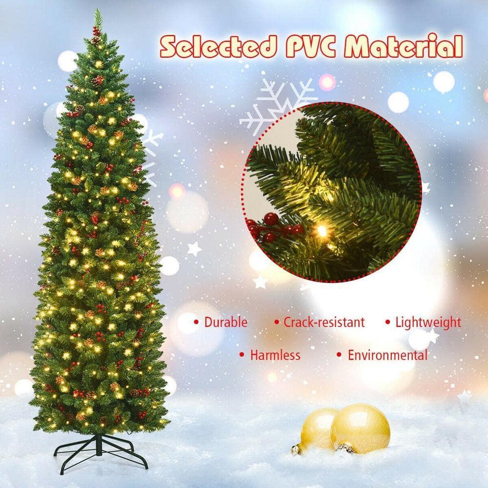 Costway 7.5Ft Pre-lit Hinged Pencil Christmas Tree w/Pine Cones Red Berries & 350 Lights
