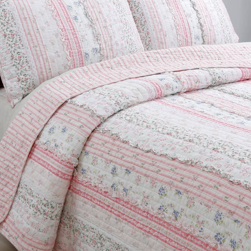 Pink Rose Peonies Ruffle 4-Piece Pink Floral Stripe Cotton Bedding Set with Decor Pillow King Quilt Set