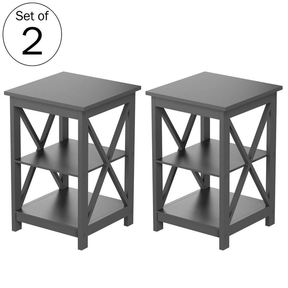 Queribus Side Tables with Two Shelves – 2 Piece Contemporary Nightstands with X-Legs – Wooden End Table Pair for Living Room or Bedroom