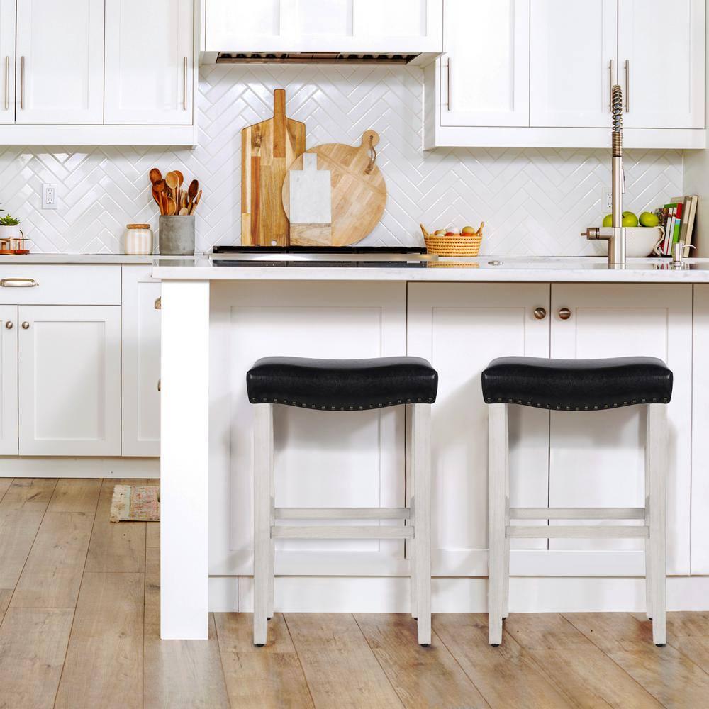 Polytrends Jameson Upholstered Polyester 29" Bar Stool with White Legs - (Set of 2) Antique White/Black