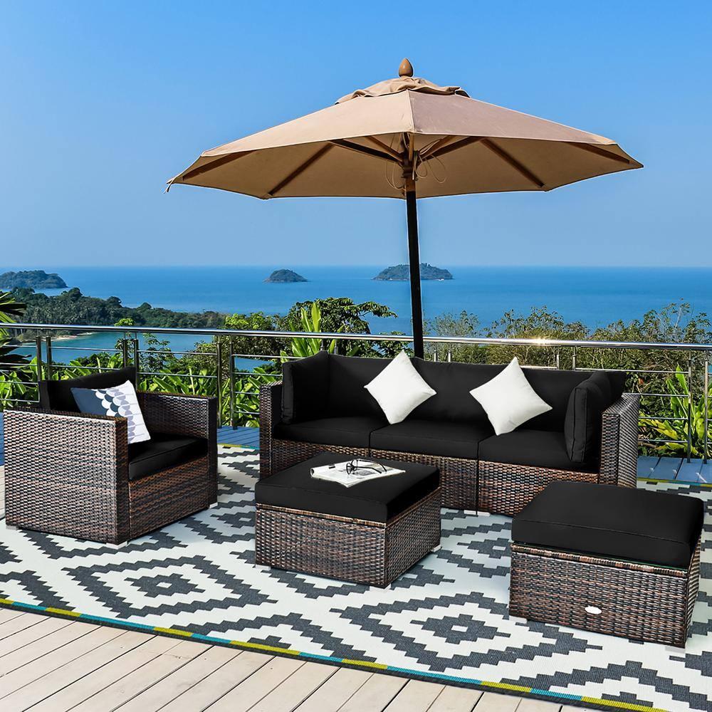 Patiojoy 6PCS Rattan Patio Furniture Set Cushioned Sofa Chair Ottoman White