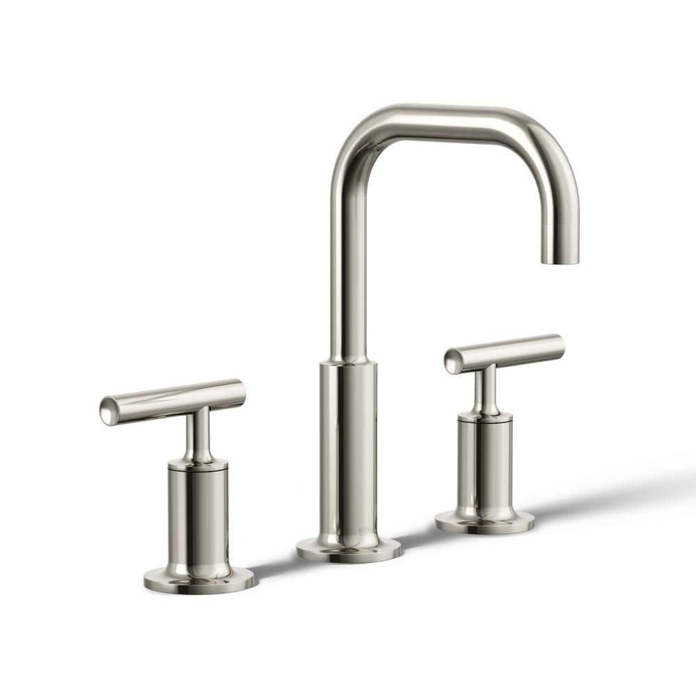 Purist® Widespread Faucet with Drain Assembly Low Lever Handles and Low Gooseneck Spout