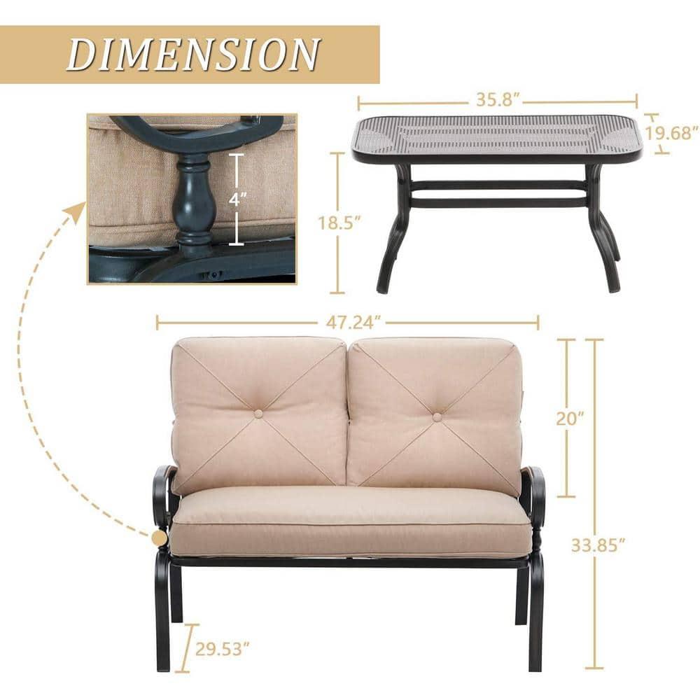 SUNCROWN 2-Piece Patio Furniture Outdoor Loveseat Set Wrought Iron Frame Bench Sofa with Coffee Table, Brown