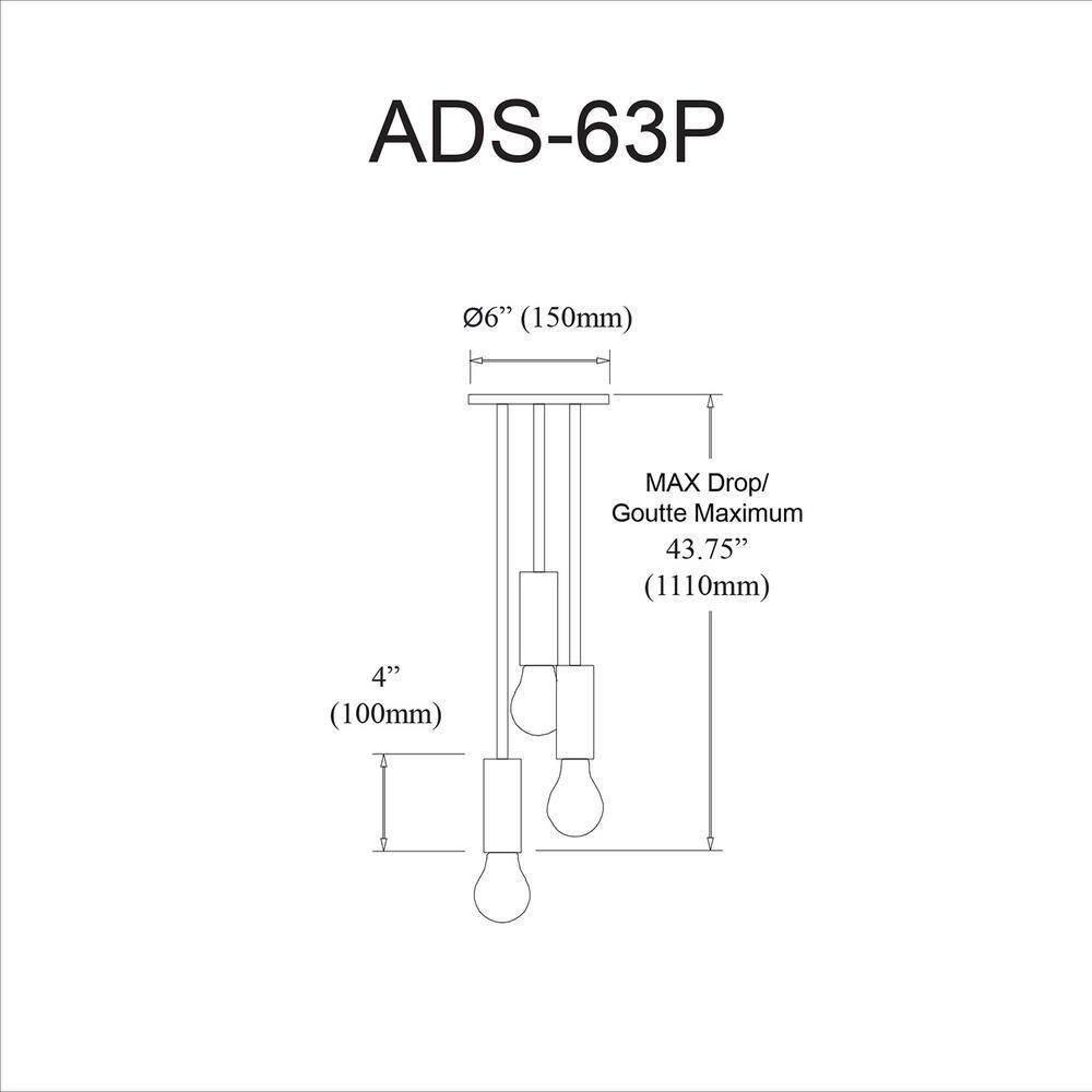 Dainolite ADS-63P-AGB 6 in. Adams 3 Light Incandescent Pendant, Aged Brass