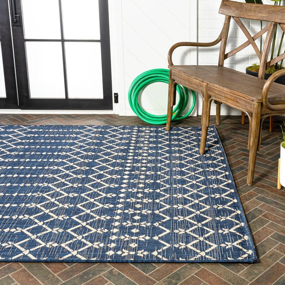 8' x 10' Ourika Moroccan Geometric Textured Weave Indoor/Outdoor Area Rug, Navy/Beige - JONATHAN Y