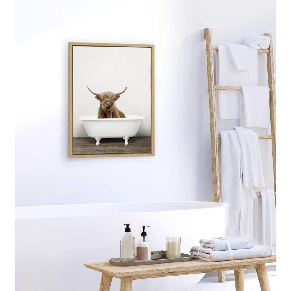 18" x 24" Sylvie Highland Cow in Tub Color Framed Canvas Wall Art by Amy Peterson Natural - Kate and Laurel