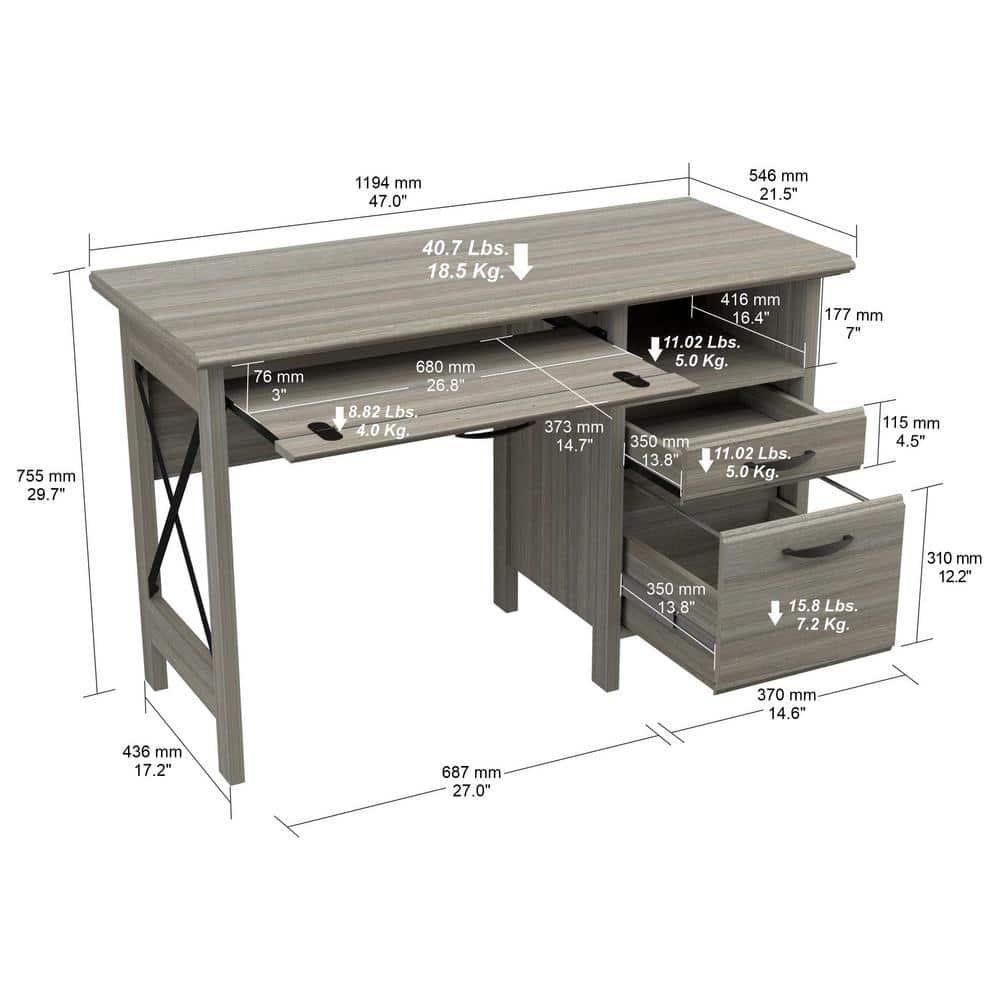 Inval America 2-Drawer Computer Desk with Keyboard Tray in Gray Smoke Oak