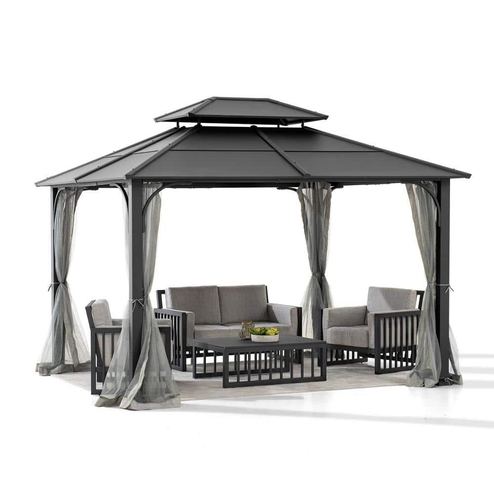 Sunjoy Sunjoy Hardtop Gazebo 10 x 12 ft. Outdoor Gazebo, Heavy Duty Steel Frame Gazebo, Double Roof Metal Gazebo with Ceiling Hook and Removable Netting Sidewalls