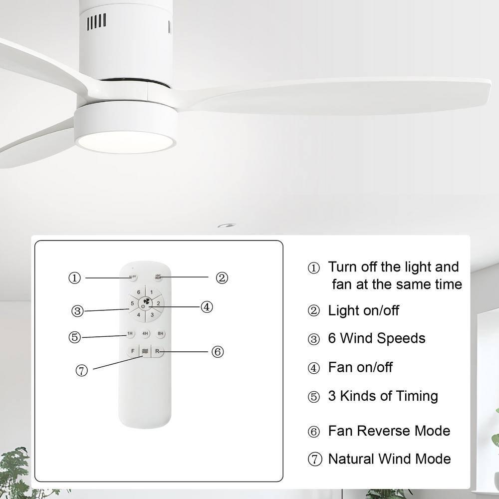 Sofucor 52 inch Wood Low Profile White Ceiling Fans with Lights and Remote, Modern Flush Mount Quiet Ceiling Fan for Bedroom, Reversible DC Moto