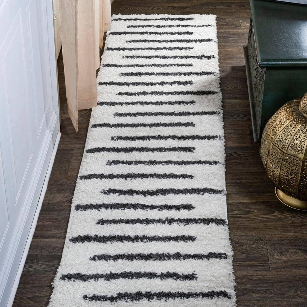 2'x10' Alaro Berber Stripe Shag Runner Rug, White - JONATHAN Y
