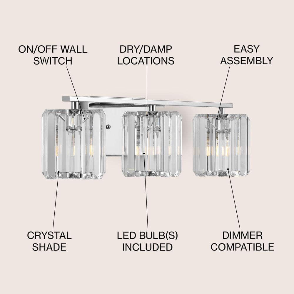 Coco Prism Vintage 23" 3-Light Metal/Glass Classic Glam LED Vanity Light, Chrome