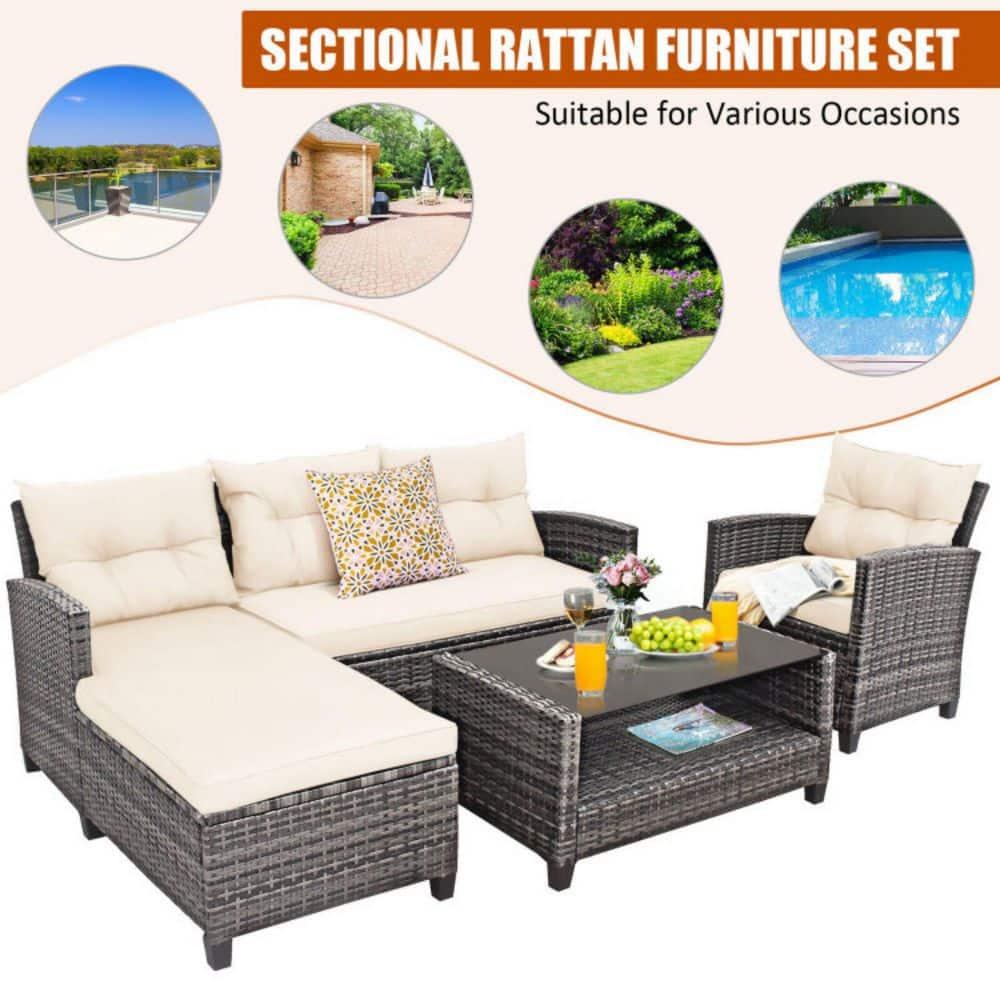 Costway 4PCS Patio Rattan Furniture Set Sofa Ottoman Cushion Garden Deck White