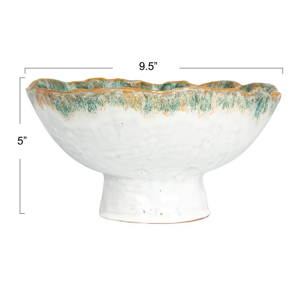 9 in. 60.9 fl. oz. Green and Brown Large Stoneware Footed Serving Bowl