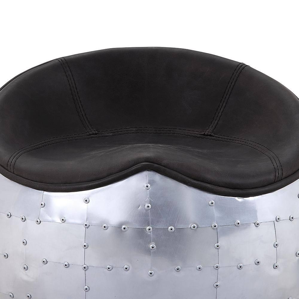 ACME Brancaster Leather Upholstered Ottoman in Antique Ebony and Aluminum