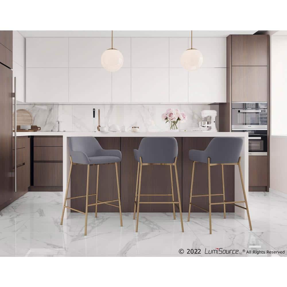 Set of 2 Daniella Metal Faux Leather Barstools Gold/Gray - LumiSource: Upholstered, Fixed Height, with Back