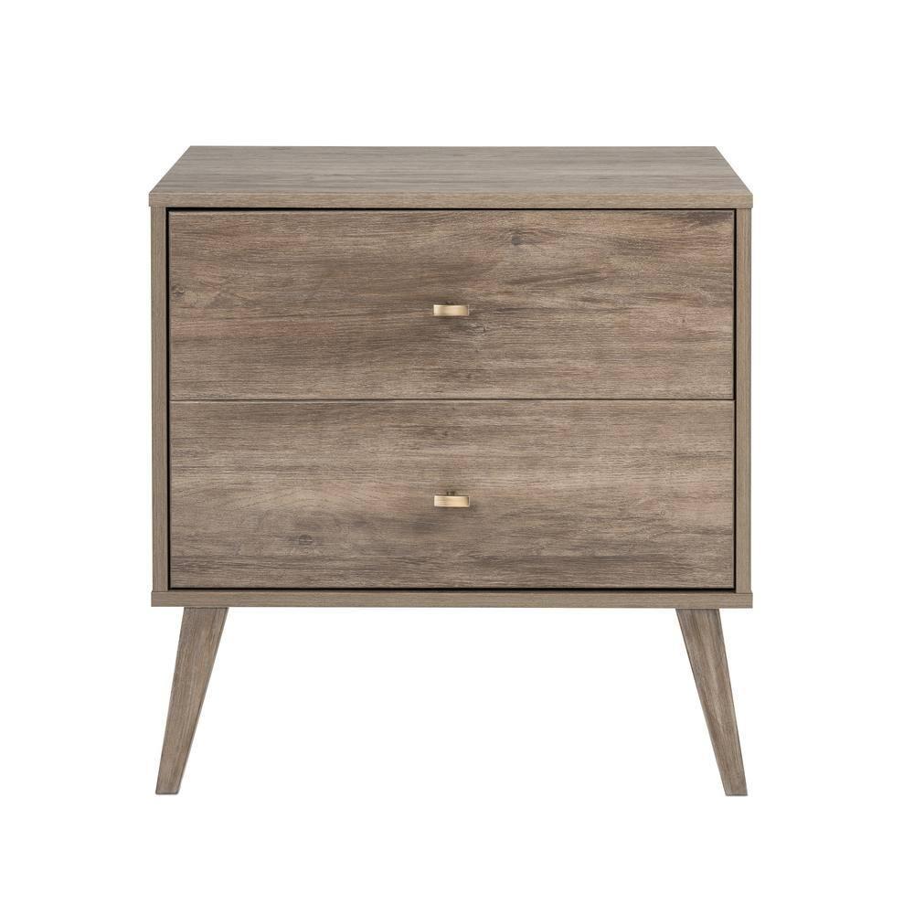 Prepac Mid Century Modern 2 Drawer Wide Nightstand Drifted Gray : Rubberwood Construction, Rectangle Shape, 25" Height