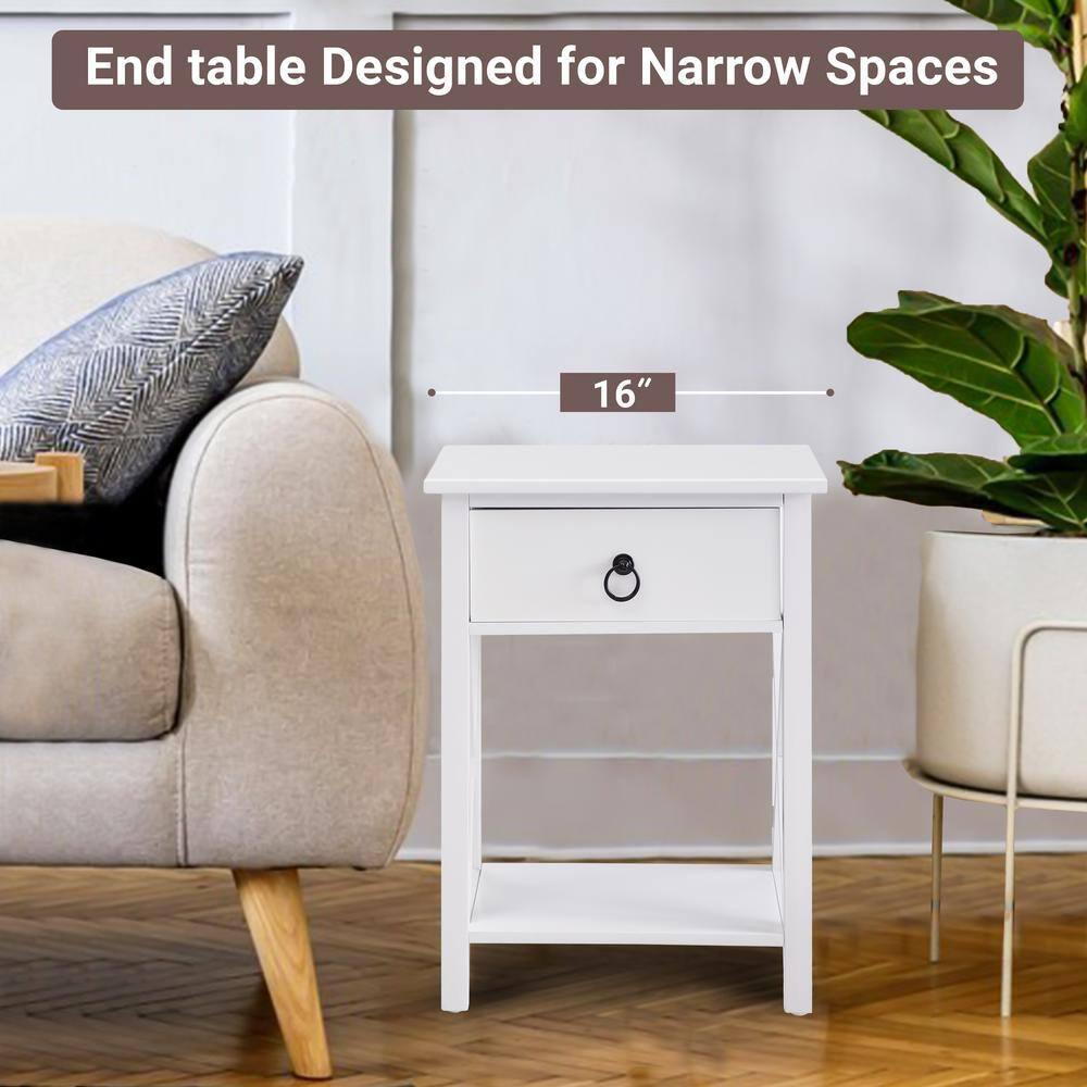 12 in. White Rectangle Wood End Table with Drawer and Shelf Solid Narrow Side Table For Bedrooms Ideal For Small Spaces