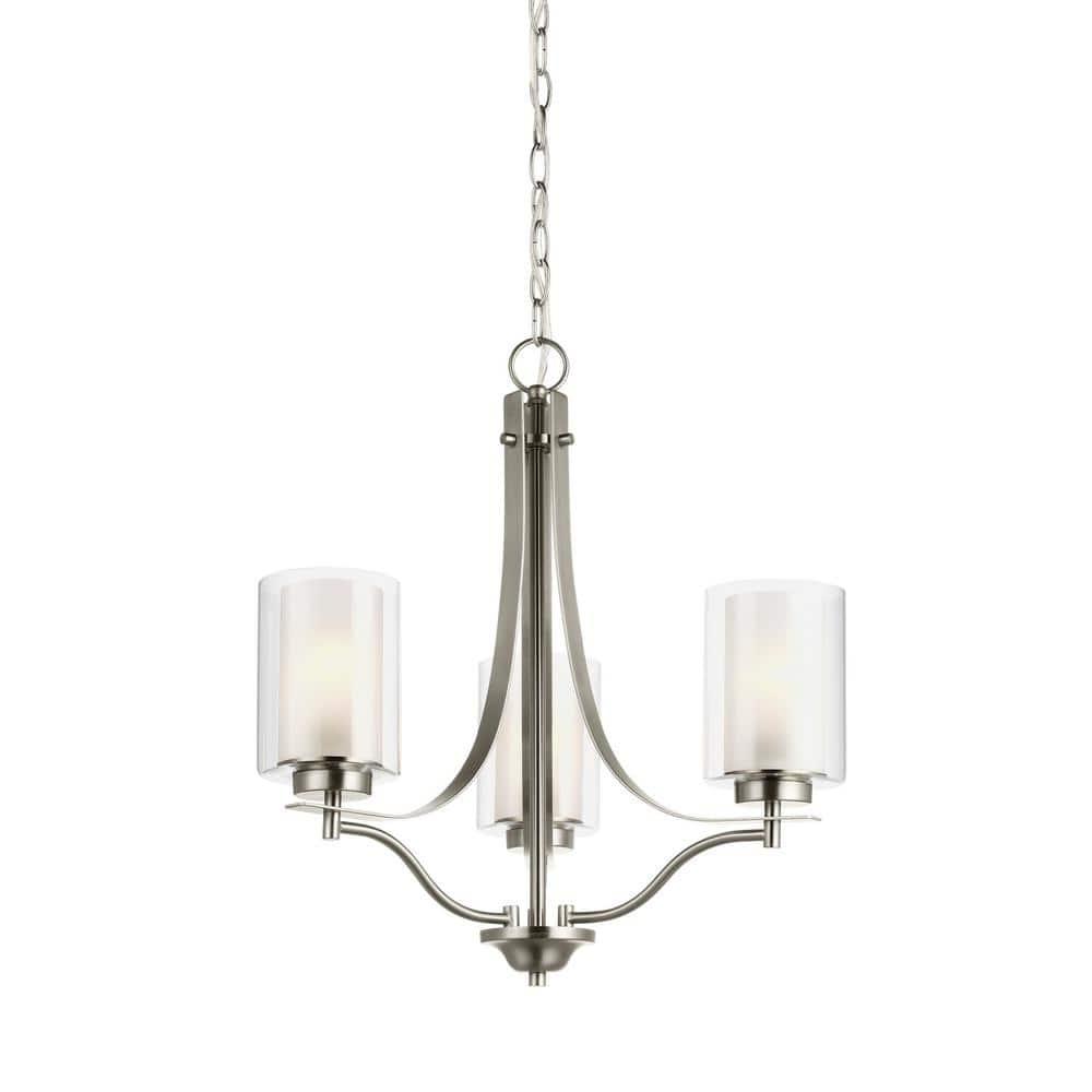Elmwood 3-Light Brushed Nickel Modern Transitional Hanging Candlestick Chandelier with Satin Etched Glass Shades