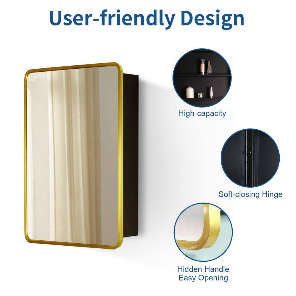 Movo Mirror Medicine Cabinet 20 Inch x 28 Inch Gold Metal Framed Bathroom Medicine Cabinet with Mirror Rectangle Recess or Surface Mount Installation