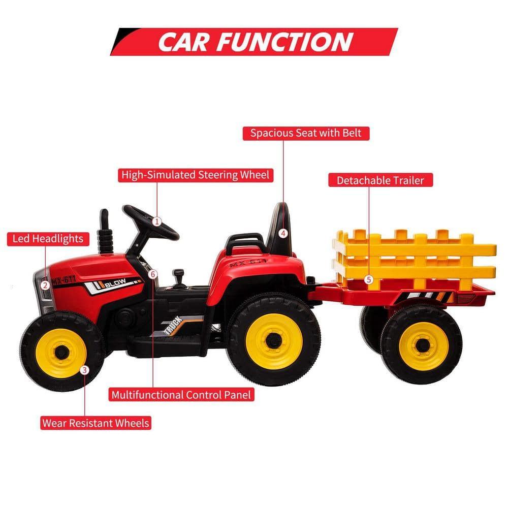 12V Kids Ride On Tractor with Trailer & Remote Control,Red, 35W