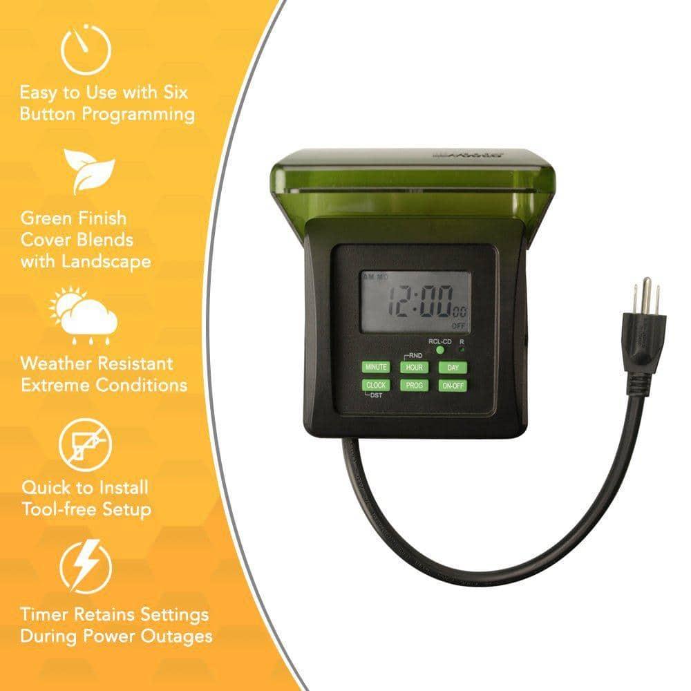 Woods 50015WD Outdoor 7-Day Heavy Duty Digital Plug-in Timer, 2 Grounded Outlets, Weatherproof, Perfect for Automating Holiday/Christmas Lights, Energy Saving Precision Programming, Black & Green