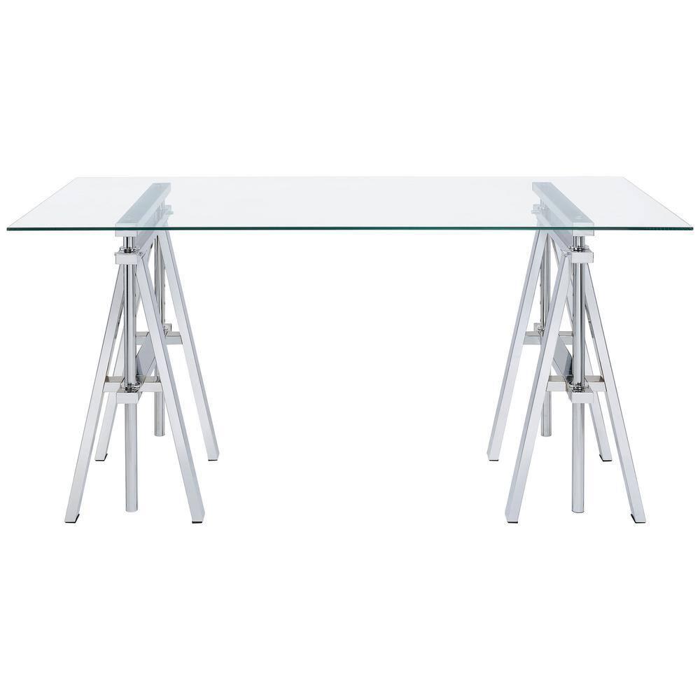 Statham Glass Top Adjustable Sawhorse Standing Desk Chrome - Coaster: Industrial Style, Manual Height Adjustability