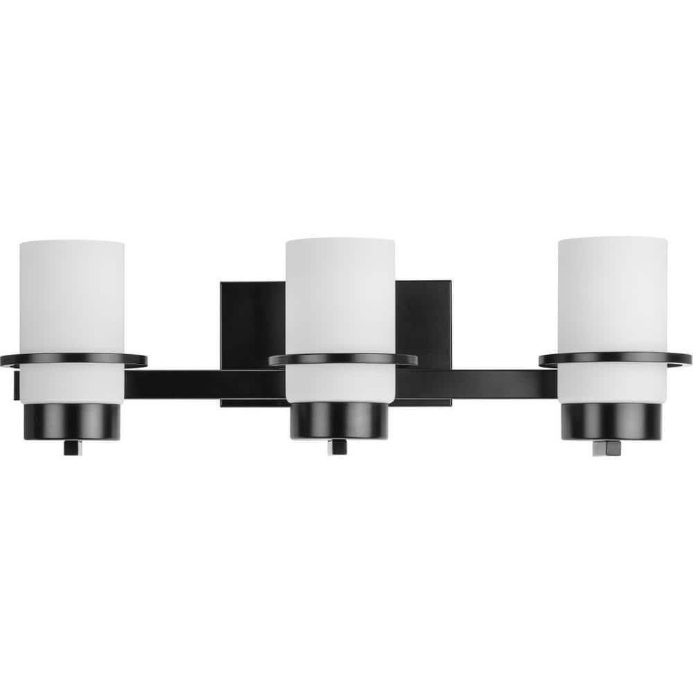 Progress Lighting Reiss 3-Light Vanity Light, Matte Black, White Glass Shade